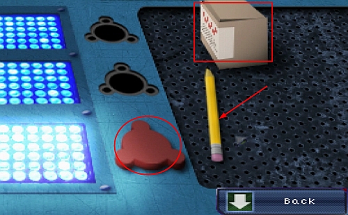 Take the Small box (square) and the Pencil (arrow) from the console, but don't touch the Fuse slot (circle) yet - Vault- Anna, Ed, Ray, Bennet - p. 1 - Walkthrough - Resonance - Game Guide and Walkthrough