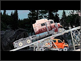 Redheaded John quickly sets up a ramp mounted on his vehicle, thus allowing both stuntmen (Dakota and Nick) to jump over the chasm blocking further way to the Storm Express laboratory (hideout) - Storyline solution - Part 2 - RignRoll - Game Guide and Walkthrough