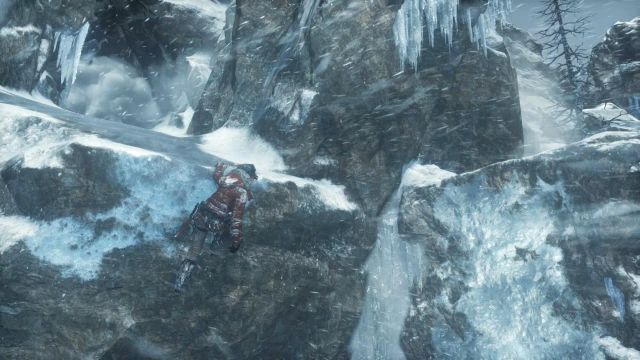 Once Lara will hang on the edge of the rock, quickly jump right using the axe - Siberia - Climb on the mountain top - Walkthrough - Rise of the Tomb Raider - Game Guide and Walkthrough