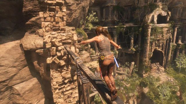 Walk further left through the wooden beam - Syria - Find the entrance to the Prophets Tomb - Walkthrough - Rise of the Tomb Raider - Game Guide and Walkthrough