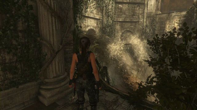 At the other side (the screenshot), climb onto the root and follow it slowly, in order to avoid water flowing out of the pipes - Tomb 1 - Baths of Kitezh - Geothermal Valley - Rise of the Tomb Raider - Game Guide and Walkthrough