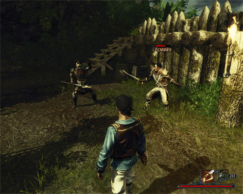 You can just stand and watch Torres and Tahana fight, but it's quicker to just help the native. - Escape from the Tower - The Sword Coast - Quests - Risen 2: Dark Waters - Game Guide and Walkthrough
