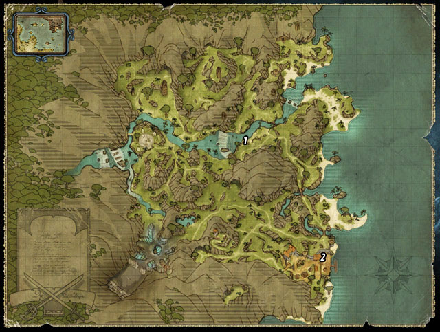 When you obtain Jim's treasure map (see: Jim's Treasure Map), you can start searching for his hidden valuables - Jim's Treasure - The Sword Coast - Quests - Risen 2: Dark Waters - Game Guide and Walkthrough