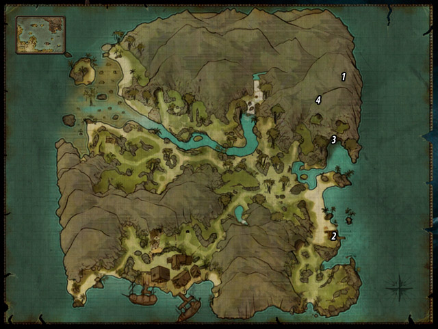 The map to this treasure can be obtained from Duncan [#1] if you saved him during The Missing Fisherman quest (received from Eddie [#2] in the cabin on the coast) - The Treasure in the Grotto on Antigua - Antigua - Quests - Risen 2: Dark Waters - Game Guide and Walkthrough