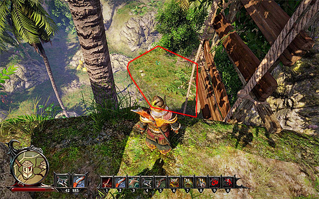 After clearing the area of the monsters, stand directly in the place shown on the above screenshot, on the edge of the ledge, directly to the West of the ledge containing the wanted plant - Psittacus Callidus - Side Quests - Kila - Risen 3: Titan Lords - Game Guide and Walkthrough