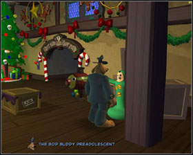 Take three toys lying under the tree (worlds simplest maze, Boxing Betty and the watering can) and the gift tags beside present - Episode 201: Ice Station Santa - part 1 - Episode 201: Ice Station Santa - Sam & Max: Season 2 - Game Guide and Walkthrough