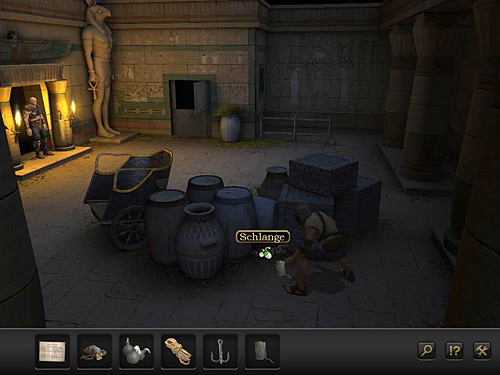 Move to the heap of barrels and notice the snake lurking there - Distract the Guard - Prologue - Alexandria, Egypt - Secret Files 3: The Archimedes Code - Game Guide and Walkthrough