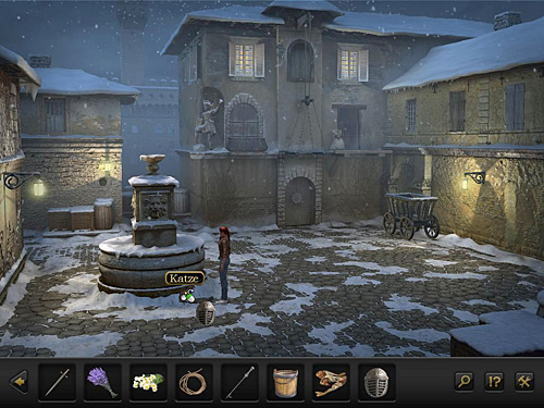 Now return to the prison (cursor at the bottom of the screen) and go to the marketplace, where a cat is sitting next to the frozen fountain - Follow An-Nasir - Chapter 3 - Florence, Italy - Secret Files 3: The Archimedes Code - Game Guide and Walkthrough