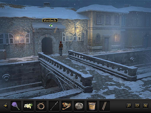 In the last part of An-Nasir escape, use the ladder to clear the snow out of the eave-porch over the central gate (use the ladder on the eave-porch and then click it) - Follow An-Nasir - Chapter 3 - Florence, Italy - Secret Files 3: The Archimedes Code - Game Guide and Walkthrough
