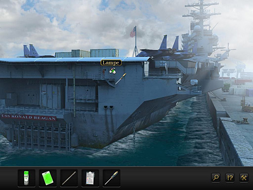 Return to the stern (right) - Get into the container with white markings - Chapter 6 - Aircraft carrier, Spain - Secret Files 3: The Archimedes Code - Game Guide and Walkthrough