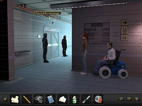 Return to the computer center door and point the laser pointer at the sprinkler system above guards - Eliminate guards - Chapter 9 - CERN, Switzerland - Secret Files 3: The Archimedes Code - Game Guide and Walkthrough