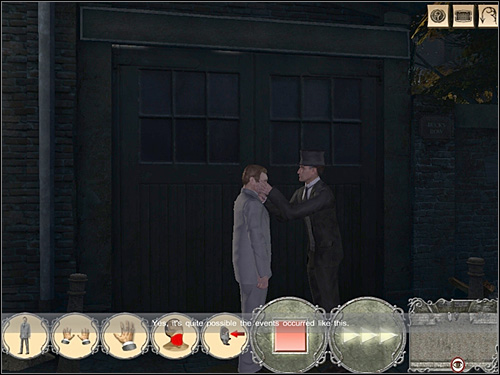 The first series of events: Victim is standing - hands - right hand - neck - murderer in front of the victim - Buck's Row, night 1/2 September 1888 - Walkthrough - Sherlock Holmes vs. Jack the Ripper - Game Guide and Walkthrough