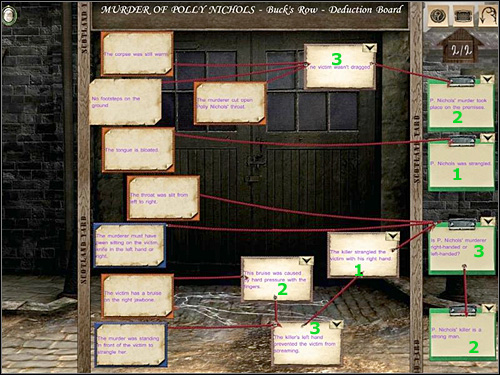 Deduction Board (murder of Polly Nichols - Buck's Row) 2/2 - Buck's Row, night 1/2 September 1888 - Walkthrough - Sherlock Holmes vs. Jack the Ripper - Game Guide and Walkthrough