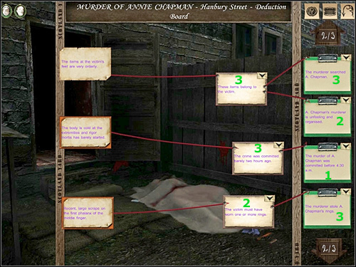 Deduction Board (murder of Annie Chapman - Hanbury Street) 2/3 - Hanbury Street, 8th September 1888 - Walkthrough - Sherlock Holmes vs. Jack the Ripper - Game Guide and Walkthrough