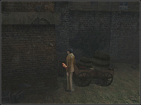 Go to a small courtyard on the left side of the building and install two wheels to the cart that is without wheels - Wharfdale Road, night 13 /14 September 1888 - part 2 - Walkthrough - Sherlock Holmes vs. Jack the Ripper - Game Guide and Walkthrough