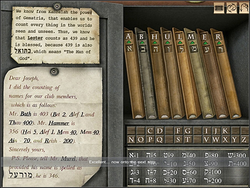 So: the letter on the first file is worth 1 (it is shown on the bottom of the screen) and this is A - Imperial Club, 9th November 1888 - Walkthrough - Sherlock Holmes vs. Jack the Ripper - Game Guide and Walkthrough