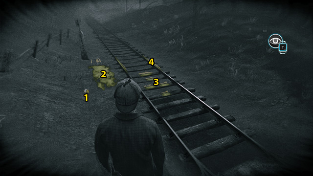1 - Empty bottle, 2 - Ground near the rails, 3 - Sleepers, 4 - Rails. - Inspect the scene and find more information about the vanished train - Riddle On The Rails - Sherlock Holmes: Crimes and Punishments - Game Guide and Walkthrough