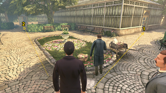1 - to the Palm house, 2 - to the Seed house. - Inspect Kew Gardens staff buildings and gather information on Montague Dunne - The Kew Gardens Drama - Sherlock Holmes: Crimes and Punishments - Game Guide and Walkthrough