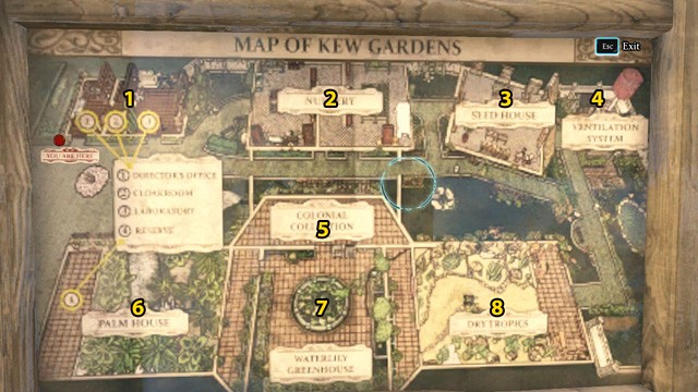 Map of Kew Gardens: 1 - Office house, 2 - Nursery, 3 - Seed house, 4 - Ventilation system, 5 - Colonial Collection, 6 - Palm house, 7 - Waterlily greenhouse, 8 - Dry tropics - Inspect Kew Gardens staff buildings and gather information on Montague Dunne - The Kew Gardens Drama - Sherlock Holmes: Crimes and Punishments - Game Guide and Walkthrough
