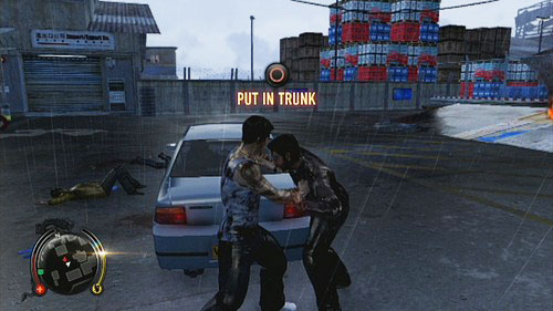 When the last enemy is done, throw Naz to the trunk of the least destroyed car (circle) and leave the warehouses - Loose Ends - Walkthrough - Sleeping Dogs - Game Guide and Walkthrough