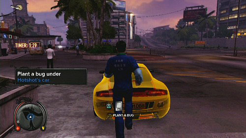 When the man go away from his car, plant a bug under it - Hotshot Lead 2 - Cop Missions - Sleeping Dogs - Game Guide and Walkthrough