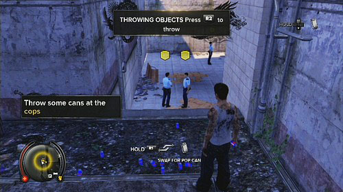 At the beginning pick up cans (R1) and throw at the policemen downstairs (R2) - Central - Secondary Missions - Sleeping Dogs - Game Guide and Walkthrough