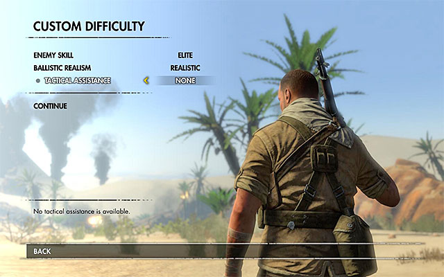 Additional options of the difficulty level screen. - Selecting difficulty level - Hints - Sniper Elite III: Afrika - Game Guide and Walkthrough