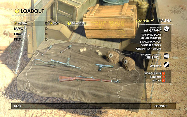 The preparation screen, allowing you to choose your loadout for the next mission. - Preparation for the mission - selecting loadout - Hints - Sniper Elite III: Afrika - Game Guide and Walkthrough