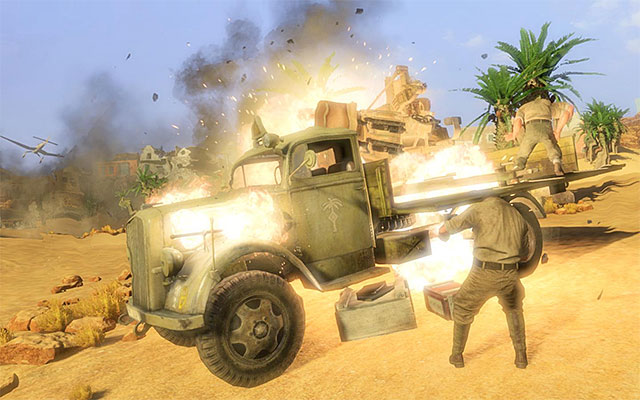 Hitting the fuel tank causes a huge explosion. - Destroying heavy artillery - Mission 1 - Siege of Tobruk - Sniper Elite III: Afrika - Game Guide and Walkthrough