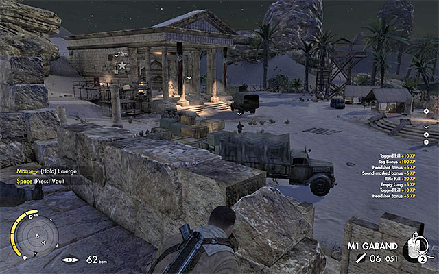 The enemies are stationed around the building. - Eliminating the fourth enemy officer - Mission 2 - Gaberoun - Sniper Elite III: Afrika - Game Guide and Walkthrough