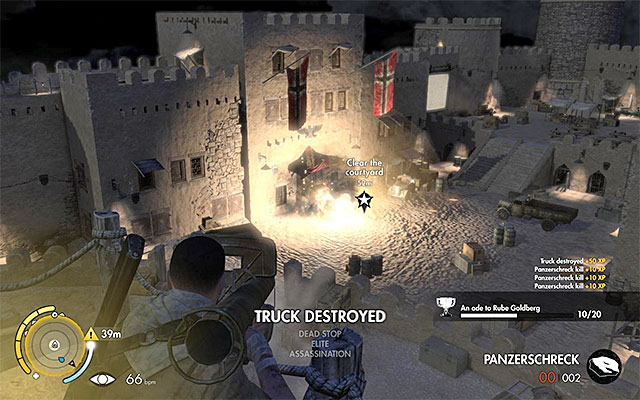 Try to destroy the truck - Clearing the courtyard from enemy forces - Mission 4 - Fort Rifugio - Sniper Elite III: Afrika - Game Guide and Walkthrough