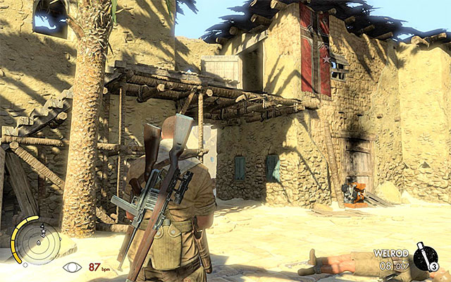 Vahlens office is located in the South-Western part of the city (point 13 on the map) and the best way to approach is from the South (the above screenshot) - Reaching Vahlens office - Mission 5 - Siwa Oasis - Sniper Elite III: Afrika - Game Guide and Walkthrough