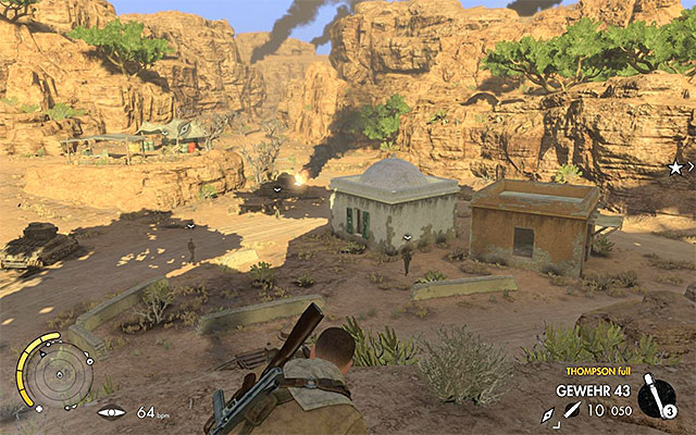 The hill provides you with a good view of the area around the launcher - Destroying the first rocket launcher - Mission 6 - Kasserine Pass - Sniper Elite III: Afrika - Game Guide and Walkthrough