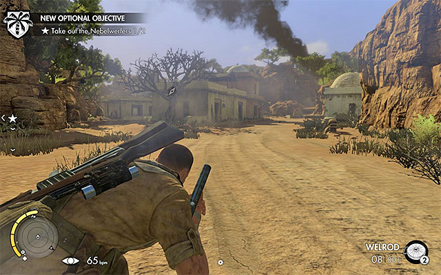 You can approach the village, e.g. from the North or from the North-East - Destroying the second rocket launcher - Mission 6 - Kasserine Pass - Sniper Elite III: Afrika - Game Guide and Walkthrough
