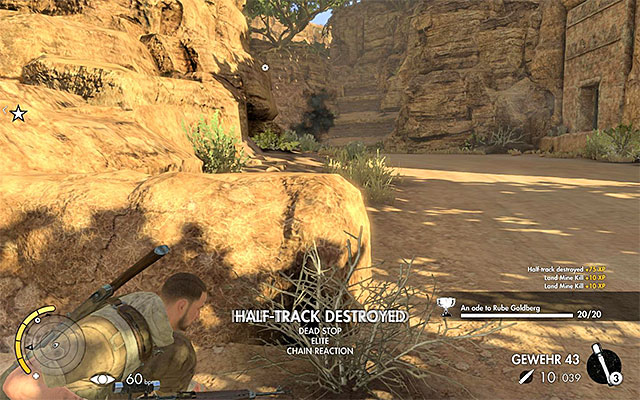 Use a mine or dynamite to destroy the second halftrack - Eliminating the temple guards - Mission 6 - Kasserine Pass - Sniper Elite III: Afrika - Game Guide and Walkthrough