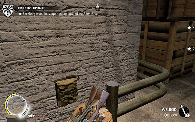 The spot to plant an explosive in the South-Western part of the hall - Planting four explosives at the pillars - Mission 8 - Ratte Factory - Sniper Elite III: Afrika - Game Guide and Walkthrough