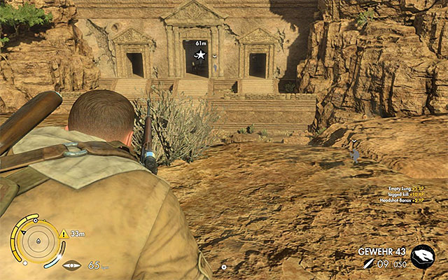 This soldier may be patrolling the area in front of the building, or occupy the interior of the temple - Weapon Parts - Collectibles - Mission 6 - Sniper Elite III: Afrika - Game Guide and Walkthrough
