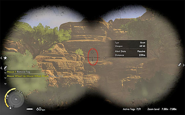 After you have taken your position in the nest, target the sniper rifle at the enemy several hundred meters away, to the South of your character - Long Shots - Collectibles - Mission 6 - Sniper Elite III: Afrika - Game Guide and Walkthrough