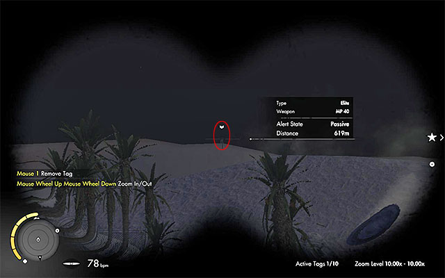 After you have taken your position in the nest, lay down on the ground and target the sniper rifle at the enemy, who is standing more than 600 meters away, to the South of you - Long Shots - Collectibles - Mission 7 - Sniper Elite III: Afrika - Game Guide and Walkthrough