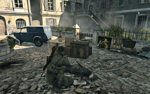 Beside the enemy's body, place a land time which you will have to first find in your inventory - Prologue - Walkthrough - Sniper Elite V2 - Game Guide and Walkthrough
