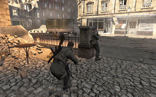 Right at the beginning you will get the chance to kill the first soldier silently - if you care about points, you should consider using the pistol for that - Mission 1 - Schoneberg Convoy - p. 1 - Walkthrough - Sniper Elite V2 - Game Guide and Walkthrough