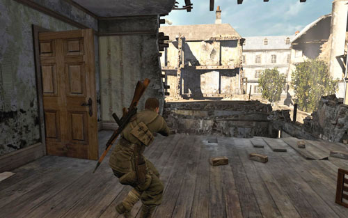 Go up the stairs - look out for another soldier in the next room - Mission 1 - Schoneberg Convoy - p. 1 - Walkthrough - Sniper Elite V2 - Game Guide and Walkthrough