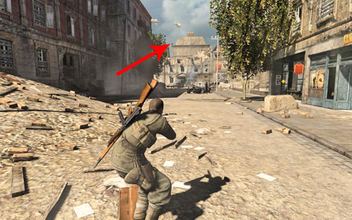 Wait for one of the enemies to enter a building - Mission 1 - Schoneberg Convoy - p. 1 - Walkthrough - Sniper Elite V2 - Game Guide and Walkthrough
