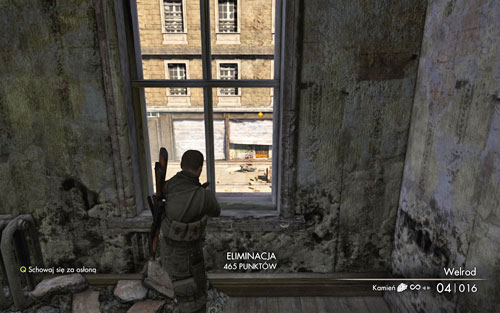 Move onwards - however before you head down, lean out through one of the windows - you should be able to see one soldier leaning against a wall - it's worth to eliminate him quietly now - Mission 1 - Schoneberg Convoy - p. 1 - Walkthrough - Sniper Elite V2 - Game Guide and Walkthrough