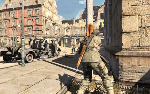 The third German can be easily killed by heading to the corner of the ruins - Mission 1 - Schoneberg Convoy - p. 1 - Walkthrough - Sniper Elite V2 - Game Guide and Walkthrough