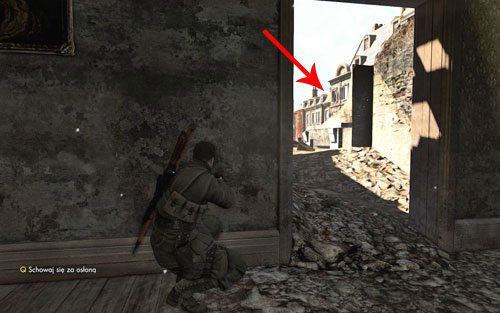 Before heading outside, stop before the door - on the roof of the building which can be seen from this spot you will find a sniper (distance: ~108m, headshot: first scale) - Mission 1 - Schoneberg Convoy - p. 2 - Walkthrough - Sniper Elite V2 - Game Guide and Walkthrough
