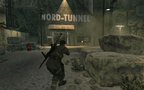 Head towards the facility entrance [#5] - you need to go round the fence from the right, going beside the second watch tower - Mission 2 - Mittelwerk Facility - p. 1 - Walkthrough - Sniper Elite V2 - Game Guide and Walkthrough