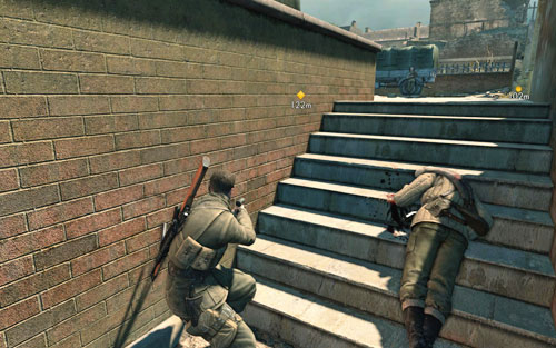 Very slowly move towards the stairs - by the truck there's another German - Mission 3 - Kaiser-Friedrich Museum - p. 1 - Walkthrough - Sniper Elite V2 - Game Guide and Walkthrough