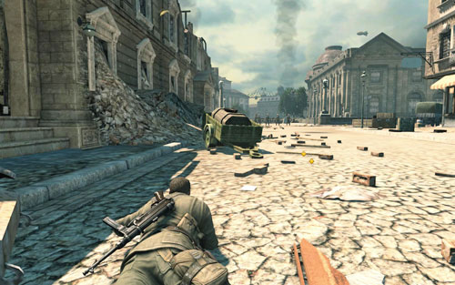 Crawl very slowly to the other side of the street - try not to get noticed by the sniper or the patrol - Mission 3 - Kaiser-Friedrich Museum - p. 2 - Walkthrough - Sniper Elite V2 - Game Guide and Walkthrough