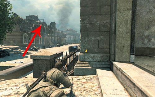 After obtaining the new equipment, go down the stairs - this time there will be no truck blocking the entrance - Mission 3 - Kaiser-Friedrich Museum - p. 1 - Walkthrough - Sniper Elite V2 - Game Guide and Walkthrough